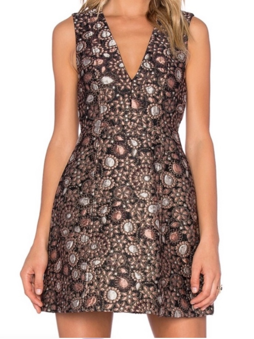Alice & Olivia Pacey Low V-Neck Metallic Brocade Jacquard Lantern Mini Dress 2